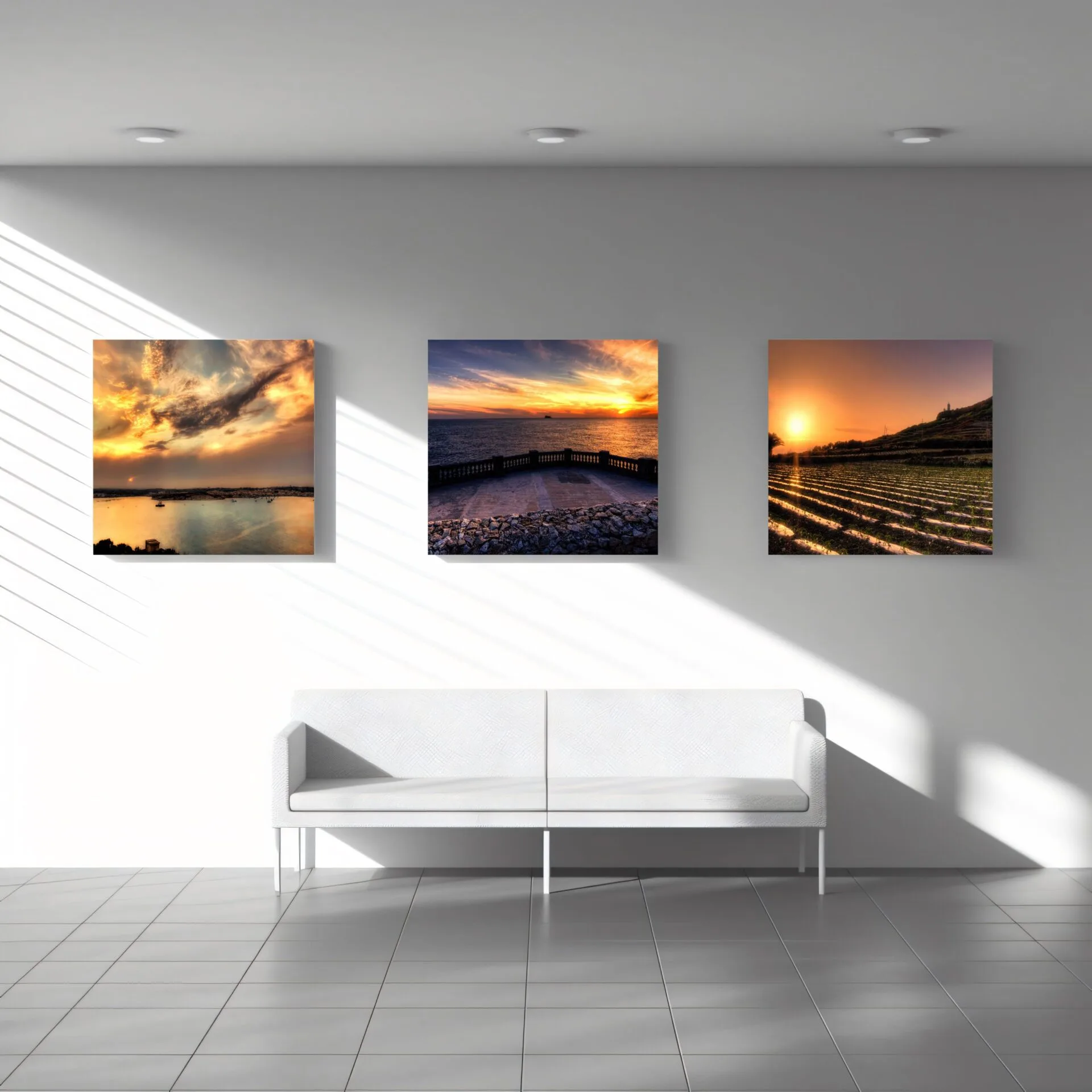 il-bordura home decor Malta Canvas frames on a white wall with white sofa