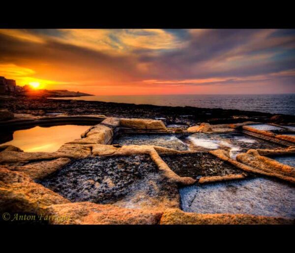 Canvas: Maltese Coastline Sunset: Salt Pan Symphony