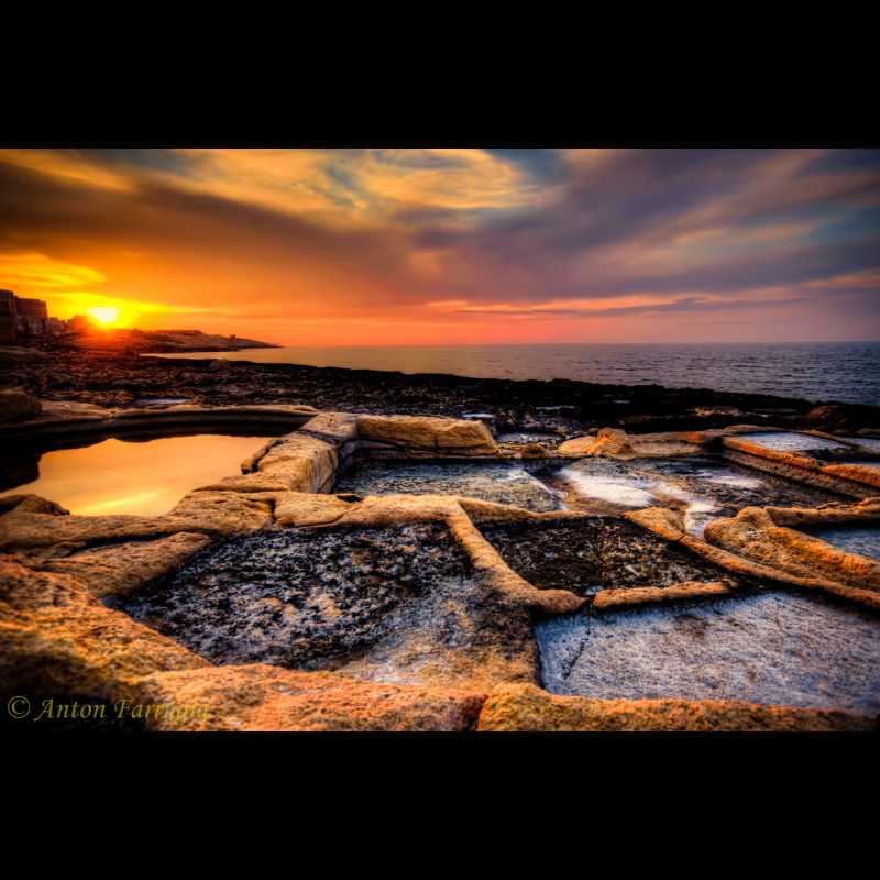 Canvas: Maltese Coastline Sunset: Salt Pan Symphony