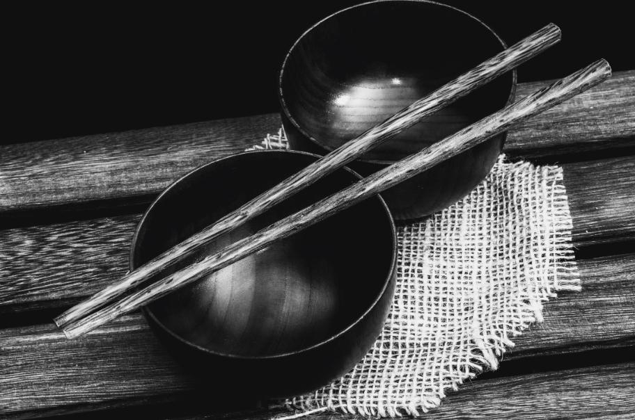 Canvas: Harmony in Monochrome: Wooden Bowls with Chopsticks