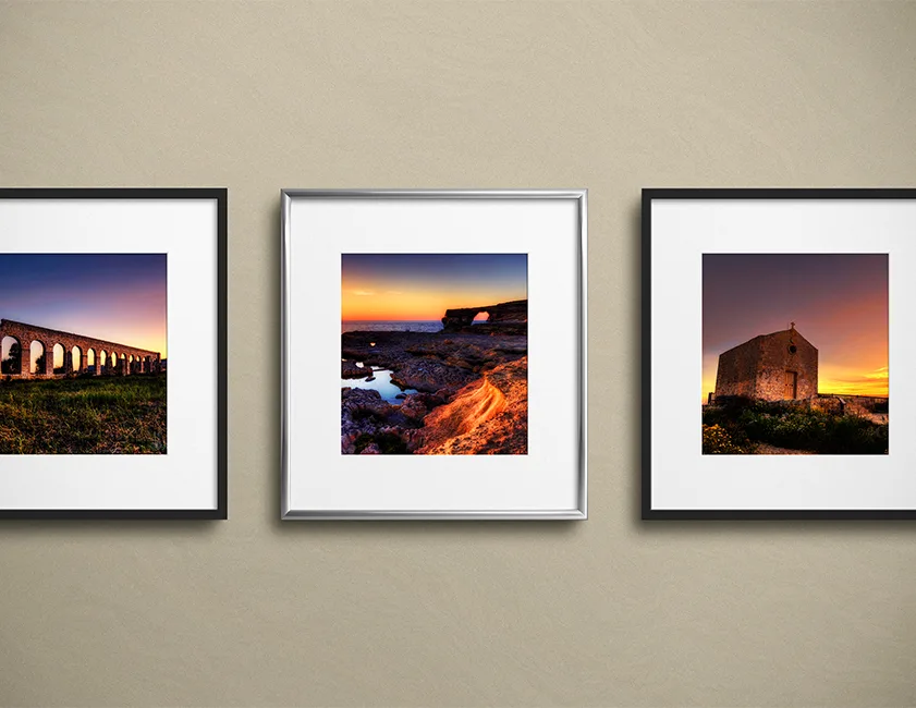 3 frames with maltese landscape photos with silver and black frames