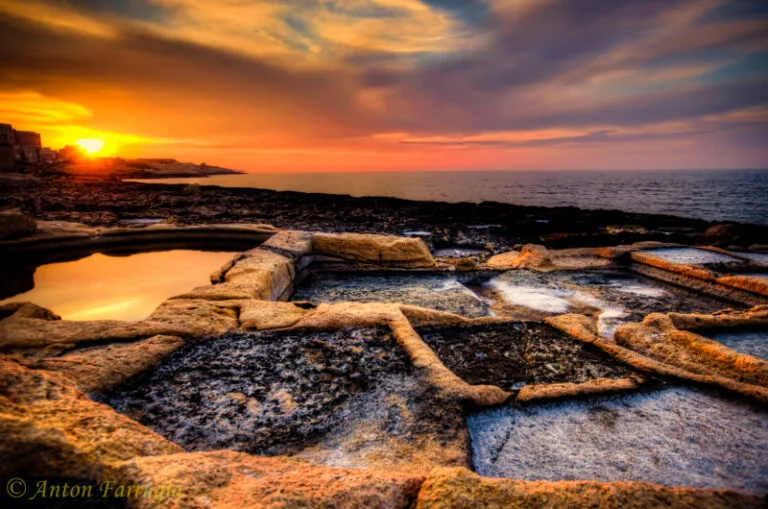 Salt pans in Kalkara at Sunset