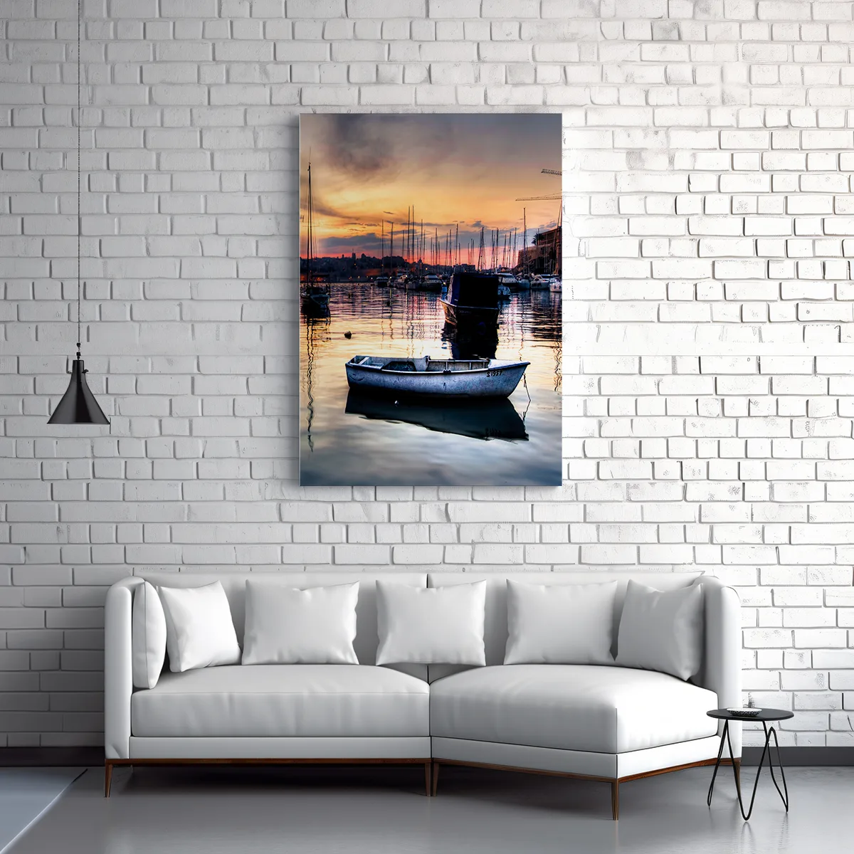 Malta Canvas Print |  Kalkara Sunset Boat hanged above a white sofa