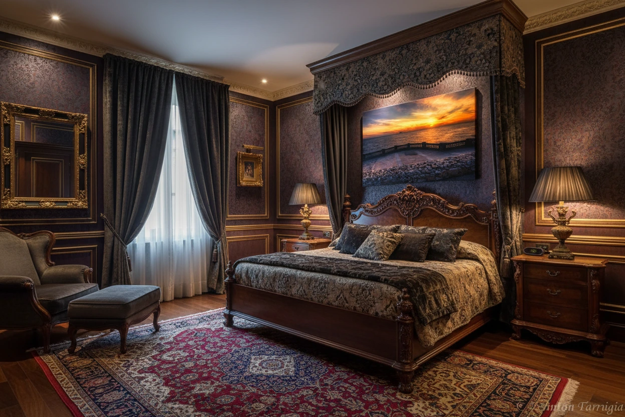 Luxurious classic bedroom with ornate wooden bed, rich patterned rugs, and a large sunset seascape artwork above the headboard.