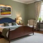 Cozy bedroom with wooden bed and green walls