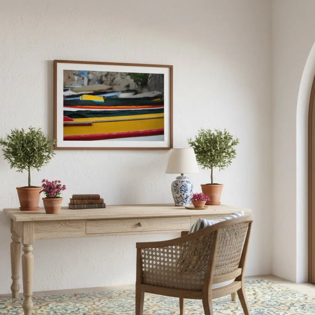 Wooden console table with plants and framed artwork