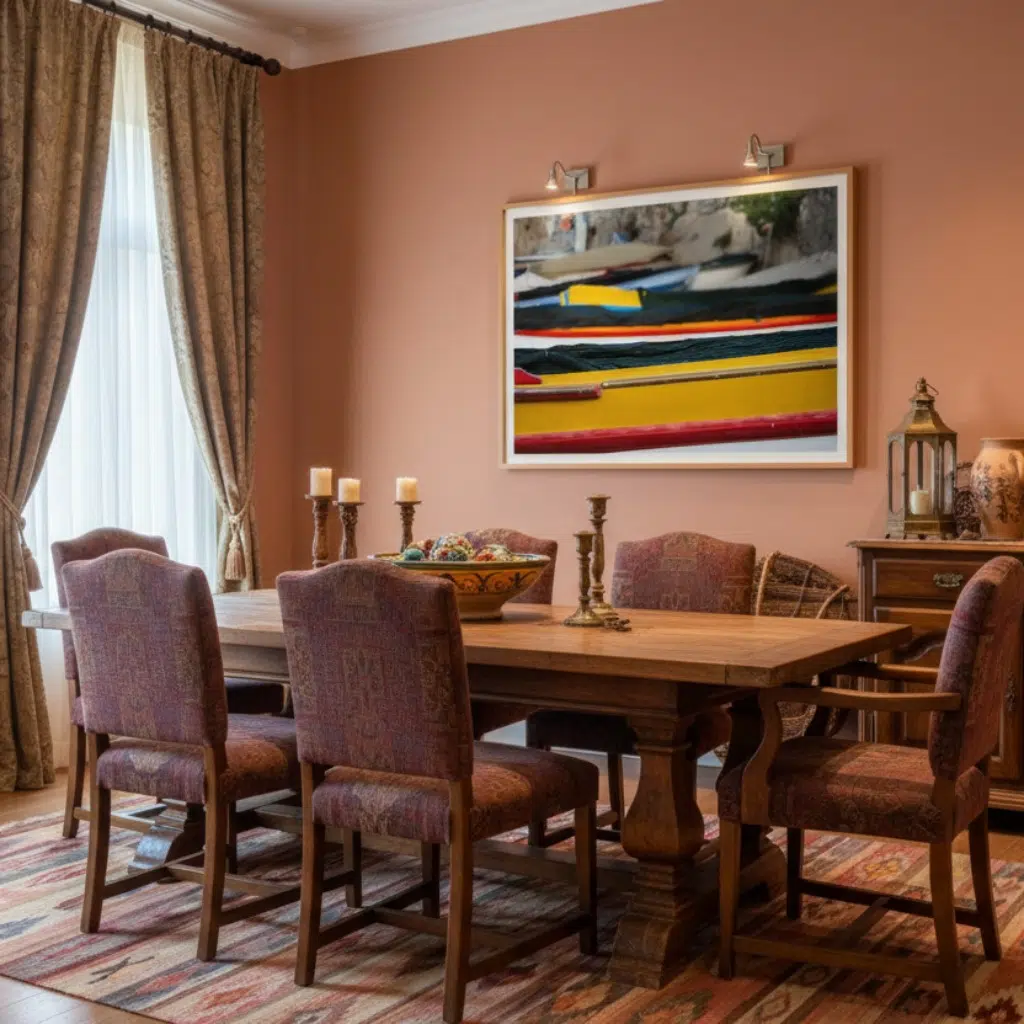 Warm-toned dining room with wooden table and artwork