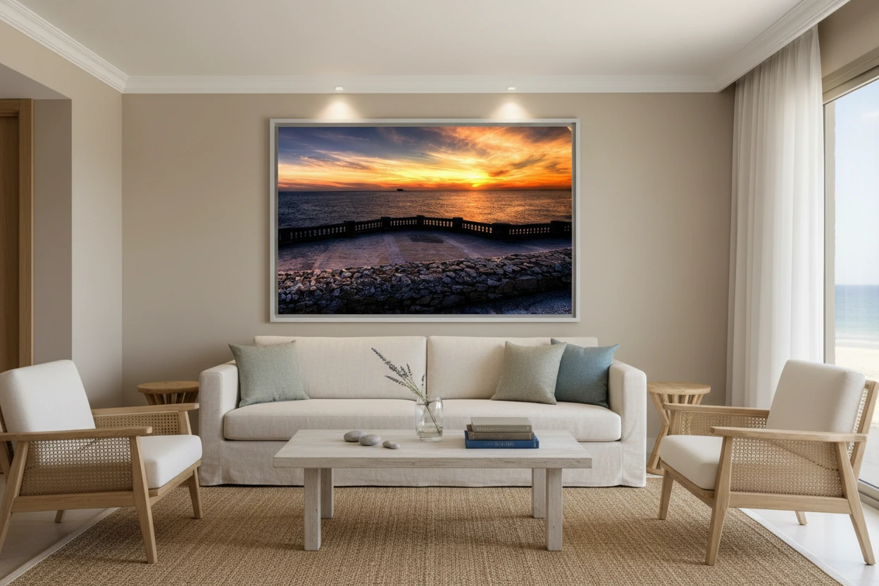 Minimalist coastal living room with light furniture and a large framed sunset seascape above the sofa.