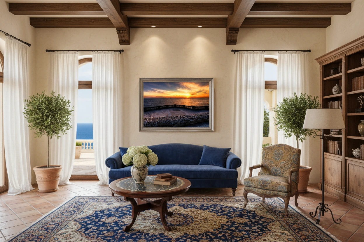 Elegant living room with ocean view and classic decor
