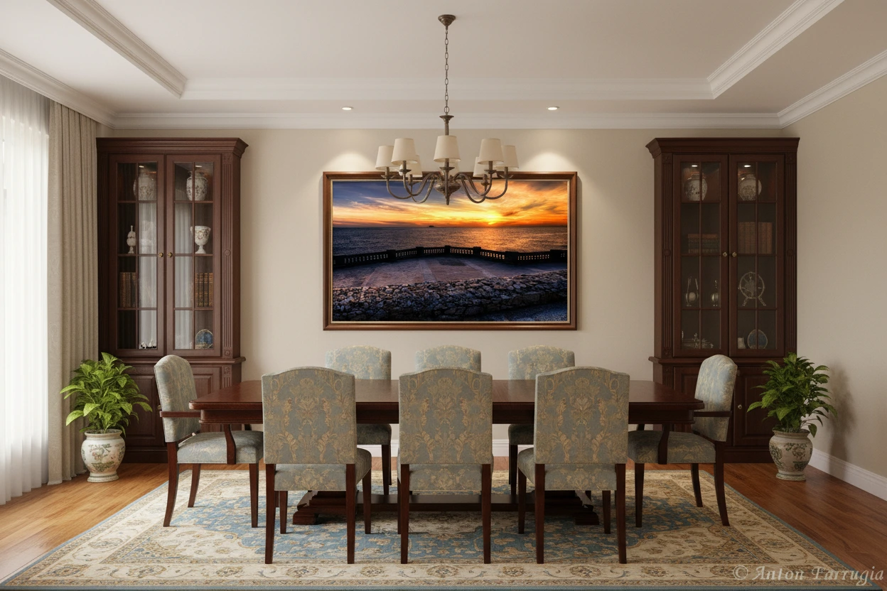 Classic dining room with long wooden table, upholstered chairs, and a large framed sunset seascape on the wall.
