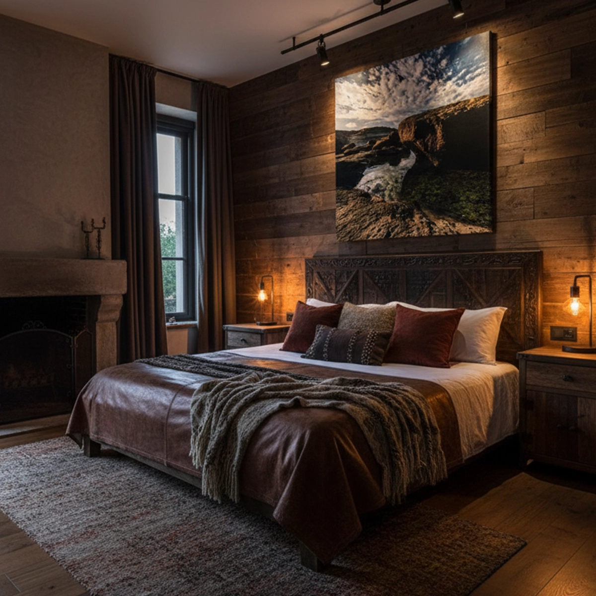 Cozy rustic bedroom with warm lighting and fireplace