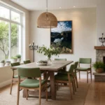 Modern dining room with wooden table and green chairs