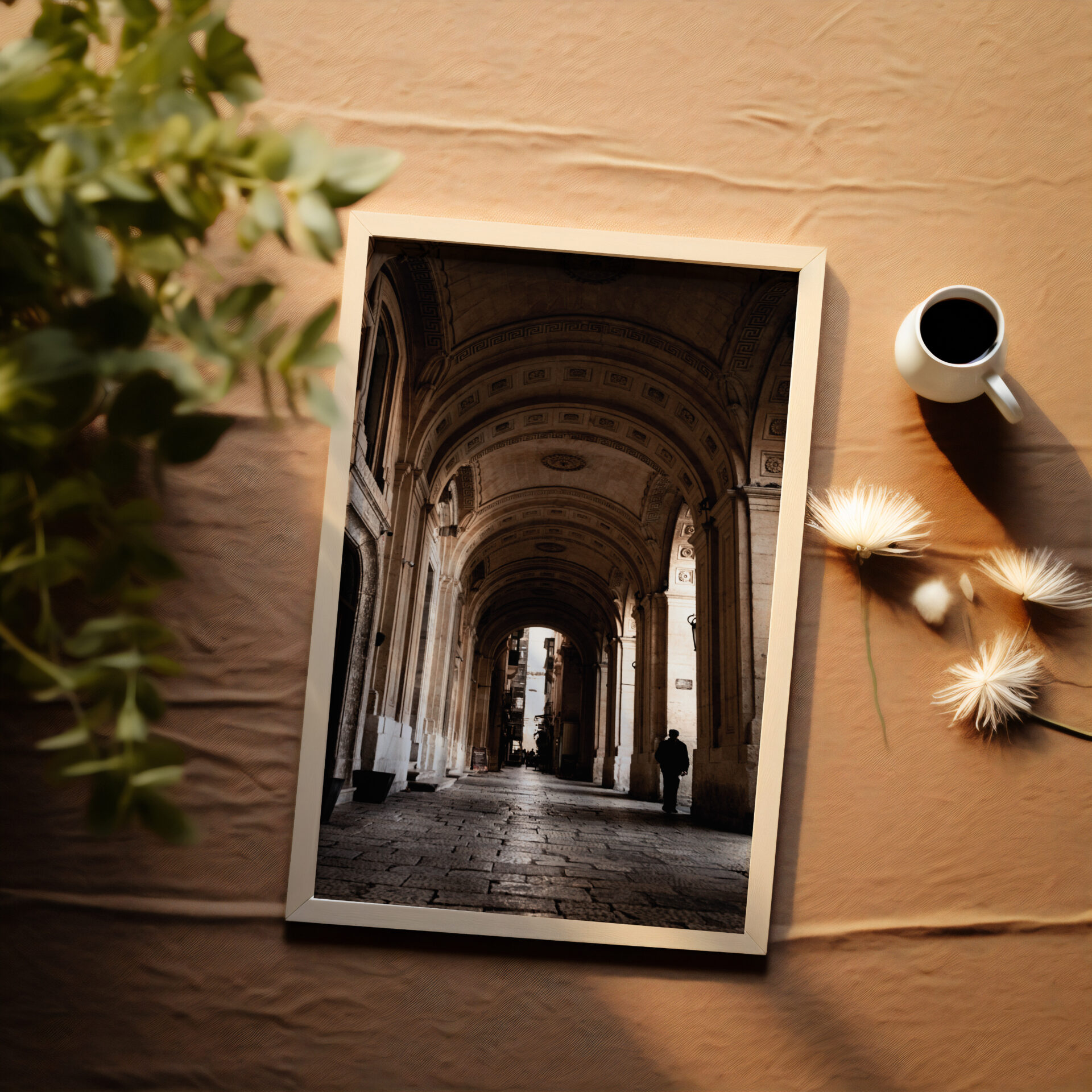 Timeless passage in Valletta's hallway, adorned with a coffee cup and flowers, creating a tranquil ambiance