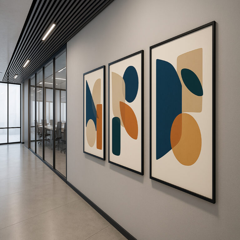 bold blues & warm earth – framed wall art set of 3