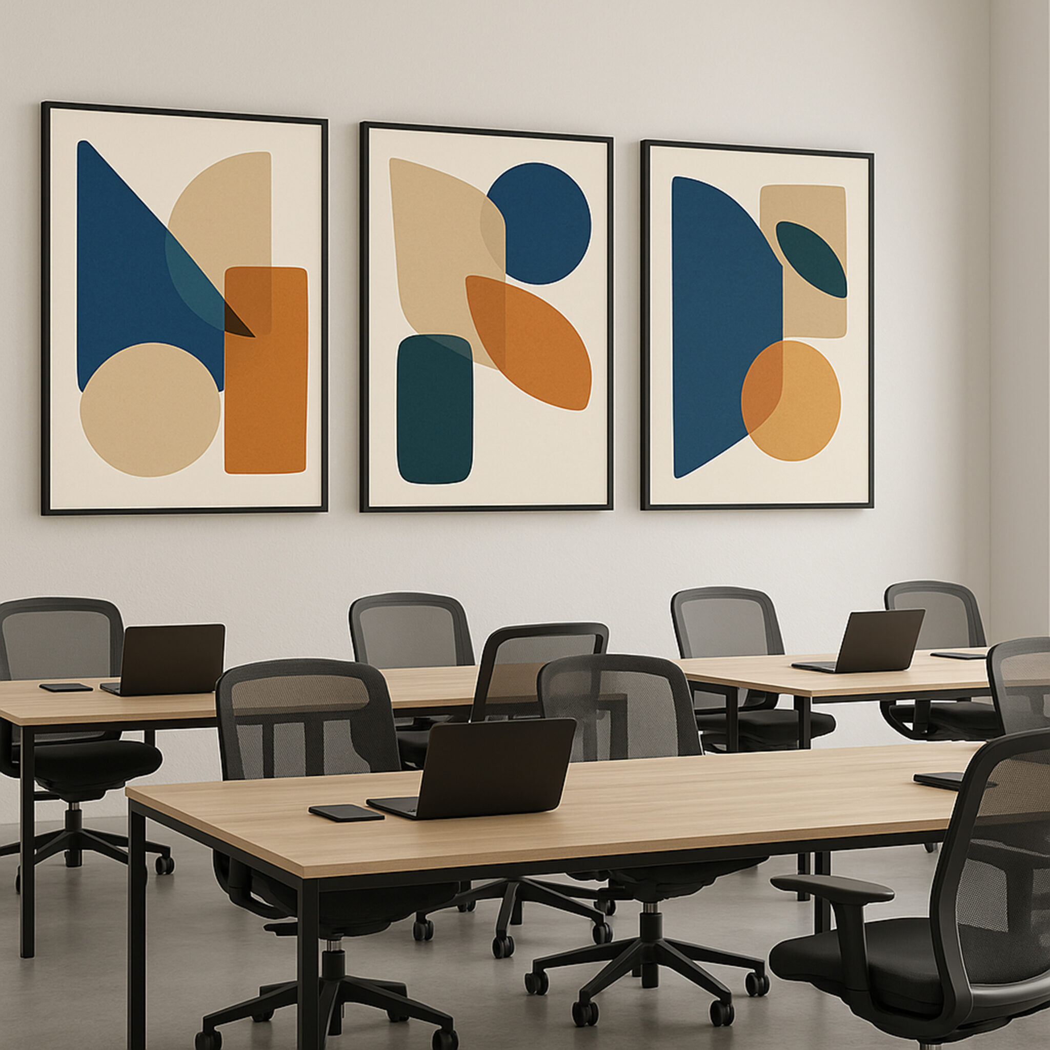 bold blues & warm earth – framed wall art set of 3