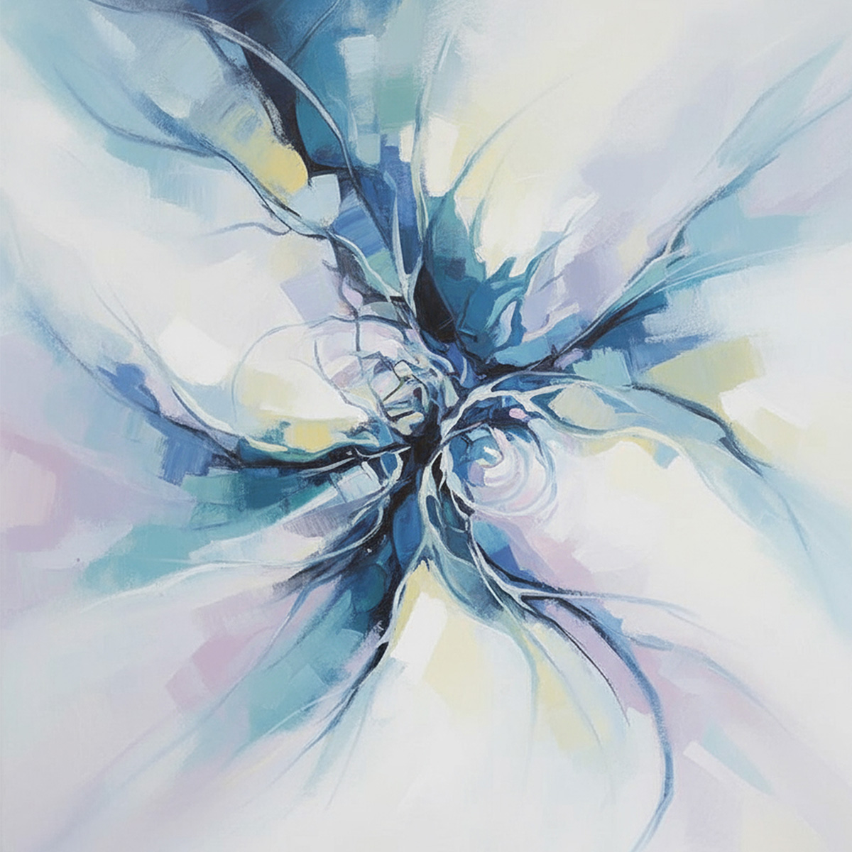 Abstract artwork in cool blue and lilac tones, swirling in petal-like flowing forms.