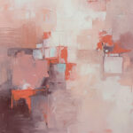 Abstract artwork of coral and blush geometric blocks layered over muted gray fields.