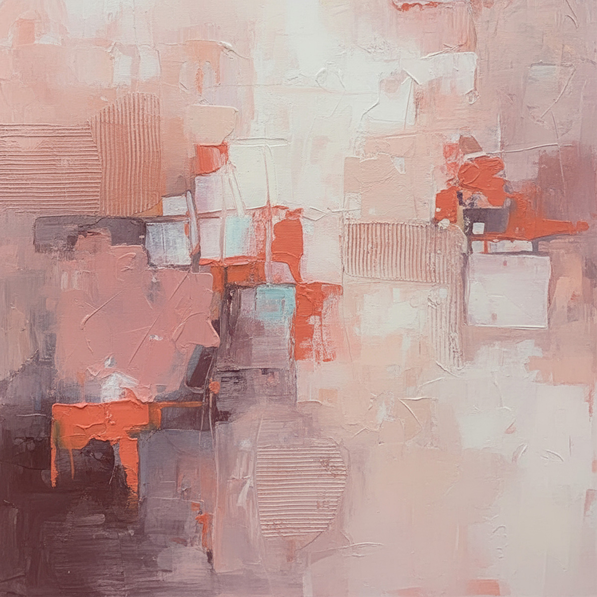 Abstract artwork of coral and blush geometric blocks layered over muted gray fields.