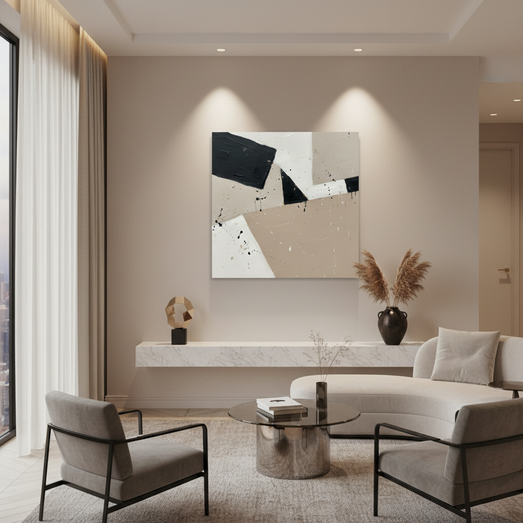 A Muted Form 1 artwork hangs on a minimalist living room wall above a beige sofa with a wooden side table and a vase of dried flowers.