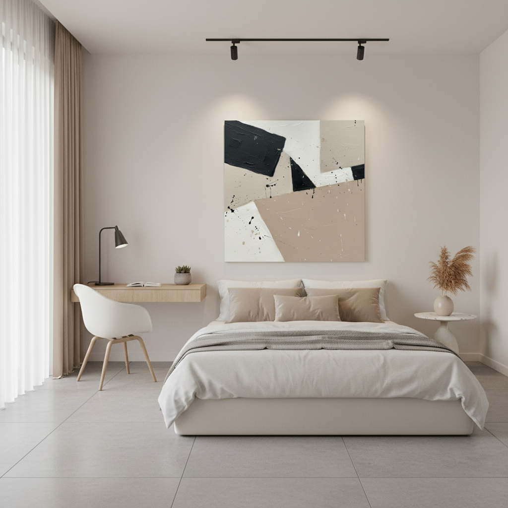 Muted Form 1 sitting on a shelf in a living room next to a window, with a tan wall and a green plant in the background