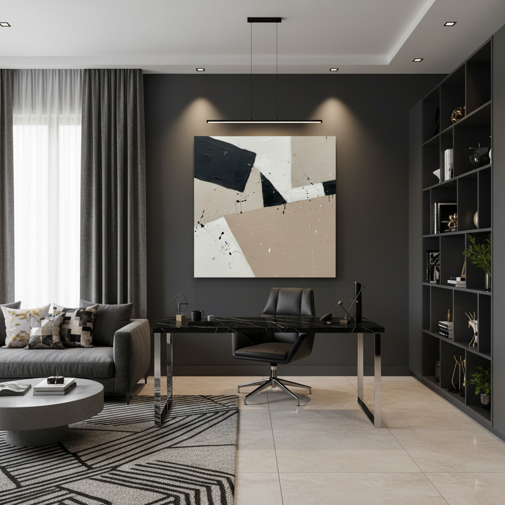 A Muted Form 1 sculpture in a minimalist living room, bathed in natural light, with a person relaxing on a nearby sofa, suggesting a calm and artistic home environment.