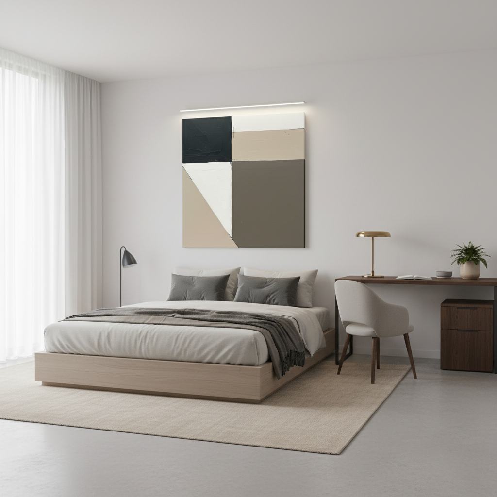 Muted Form 2 artwork displayed in a minimalist, modern living room with natural light and a cream-colored sofa. The artwork hangs above the sofa, complementing the serene and contemporary decor.