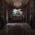 A St. Agatha Red Tower Sentinel ceramic art piece stands on a rustic wooden mantelpiece adorned with dried floral arrangements, casting a warm glow over a cozy living room.