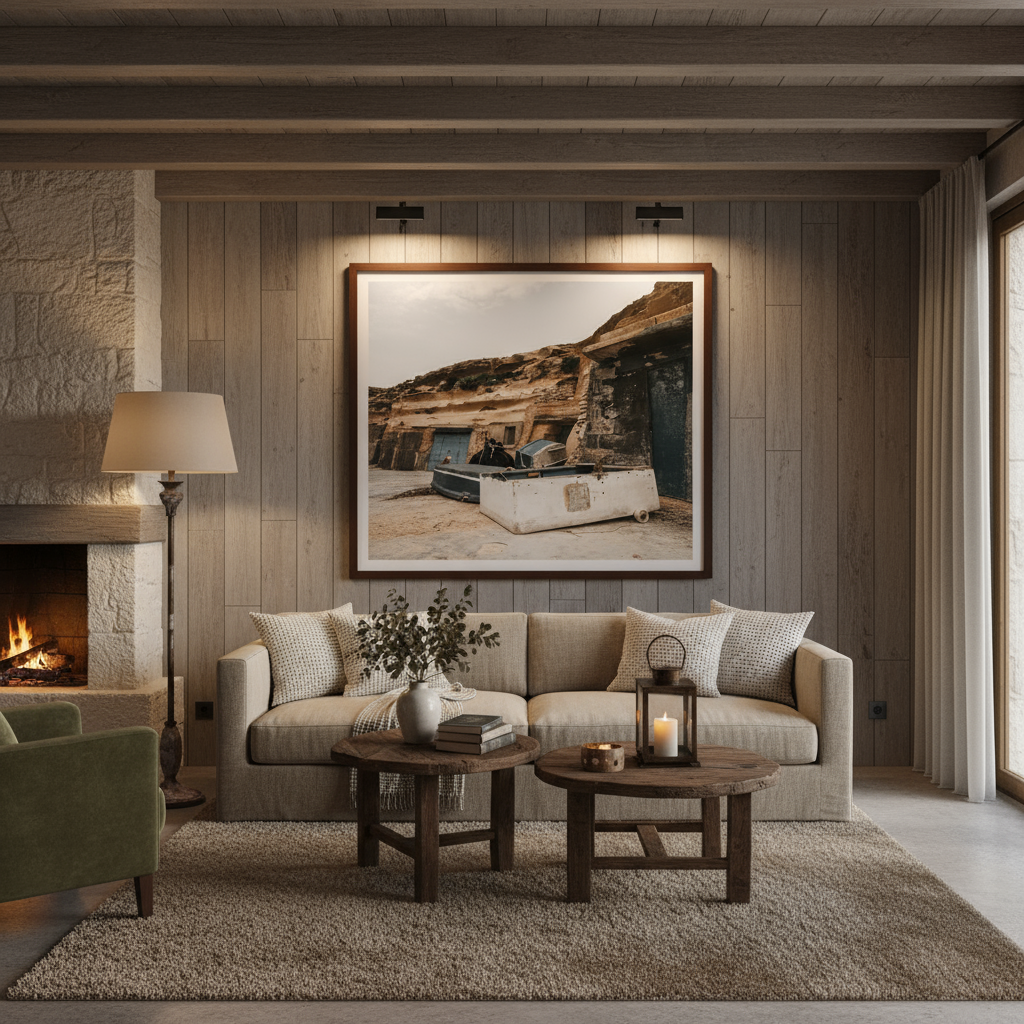 A serene lifestyle shot showcasing the Gozo Dahlet Qorrot Fishermen Caves, with natural light subtly illuminating the rugged textures of the cave walls and the clear blue waters outside, hinting at a peaceful escape.