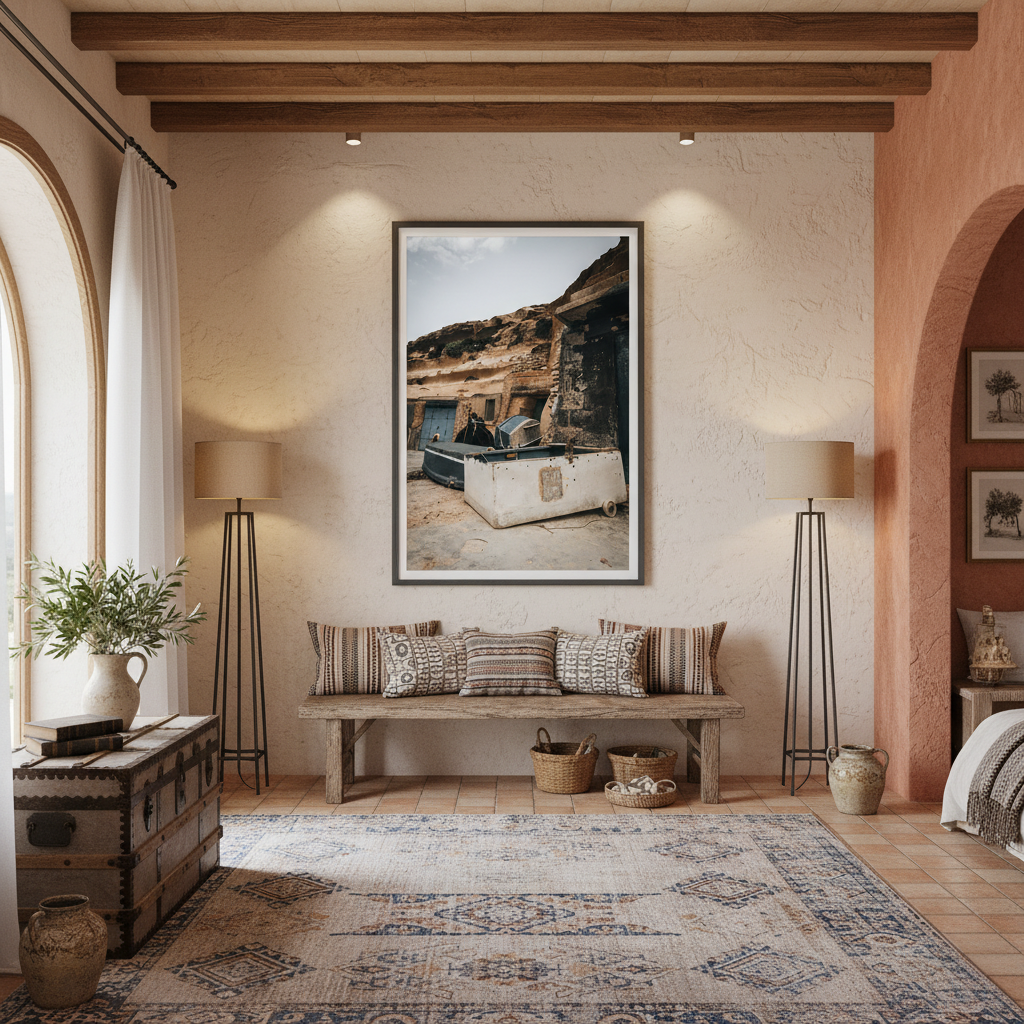 A person in a wetsuit stands on the rocky coastline of Gozo, looking out at the calm, clear turquoise waters of the Mediterranean Sea. The entrance to a sea cave is visible in the background, with warm sunlight illuminating the ancient rock formations.