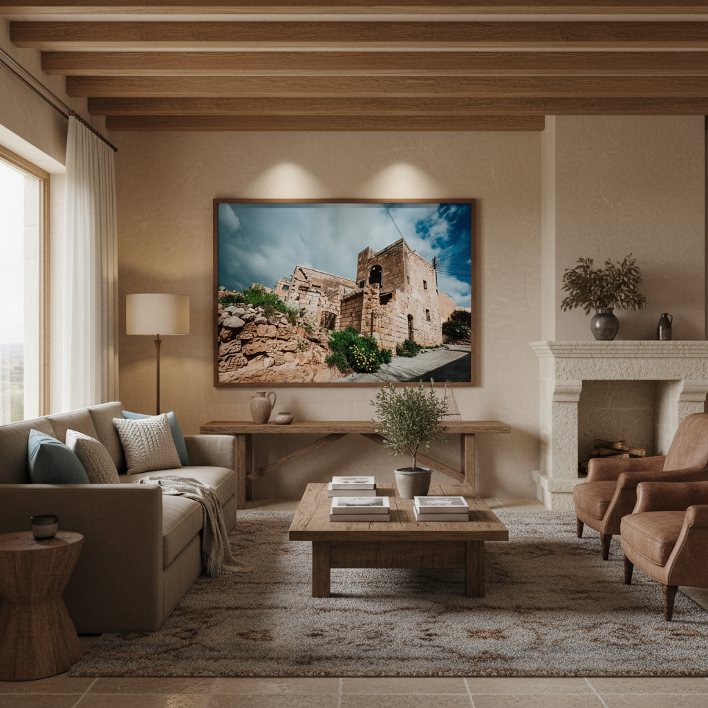 A serene woman enjoying a glass of wine on the balcony of a rustic Gozo farmhouse, surrounded by lush Mediterranean flora and a distant sea view at sunset.