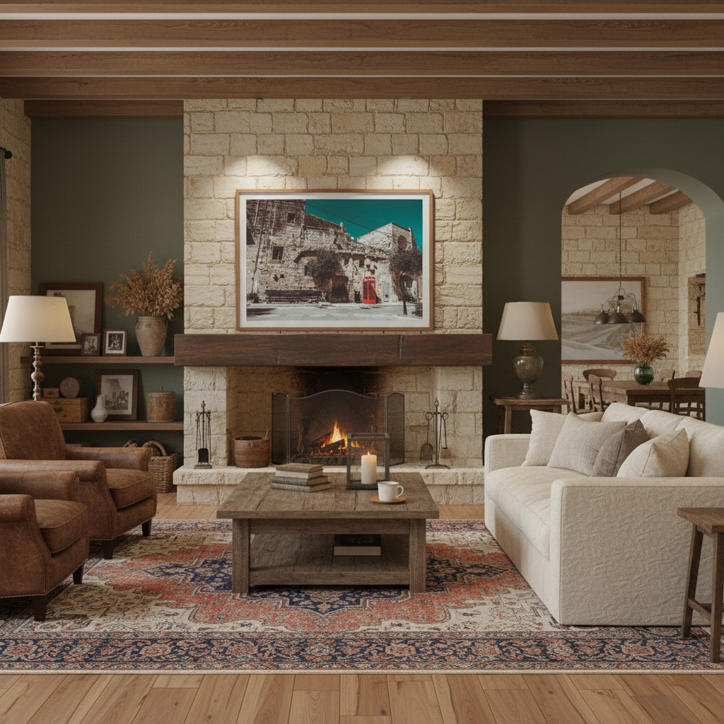 Gozo Ghasri Red Heritage mockup in a modern living room with a green sofa and a plant