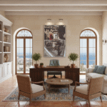 Gozo Ghasri Village Heart mockup #3 shows a person holding the product, a scented candle, in a brightly lit, minimalist living room with a window view of a serene village. The person is casually dressed, and the focus is on the candle with soft, natural light illuminating its design and the calm atmosphere it creates.