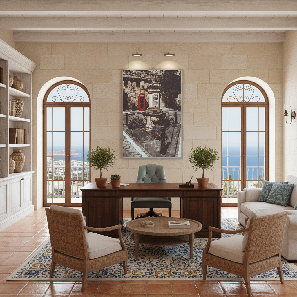 Gozo Ghasri Village Heart mockup #3 shows a person holding the product, a scented candle, in a brightly lit, minimalist living room with a window view of a serene village. The person is casually dressed, and the focus is on the candle with soft, natural light illuminating its design and the calm atmosphere it creates.