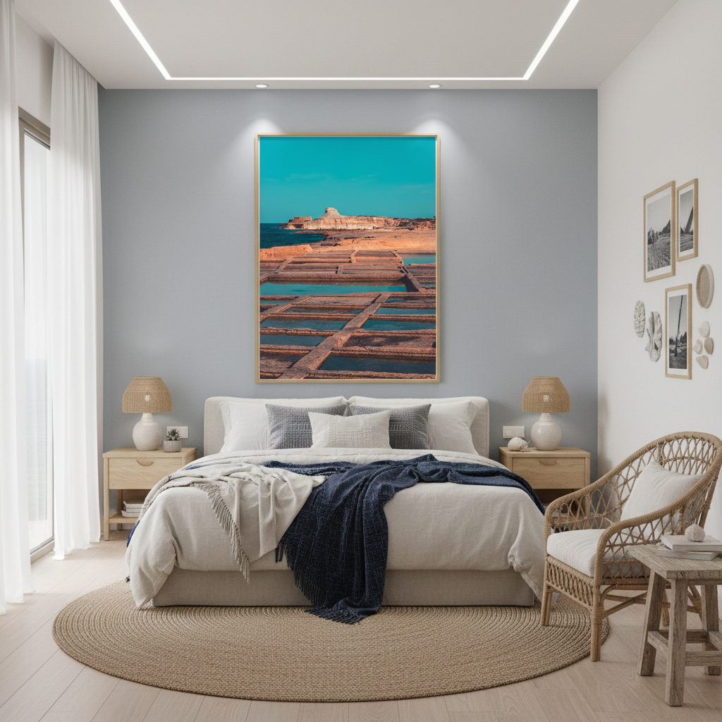 A person in a straw hat walks along the ancient Xwejni Salt Pans in Gozo, with the Mediterranean Sea in the background under a clear blue sky, suggesting a serene and historic travel experience.