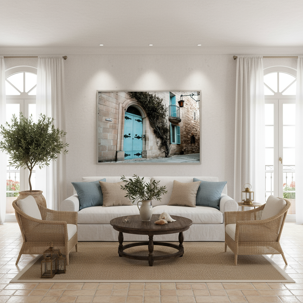 A vibrant blue door with an ornate knocker stands out against a sun-drenched, aged stone wall in the historic Mdina, Malta. The scene suggests a serene, ancient European street.