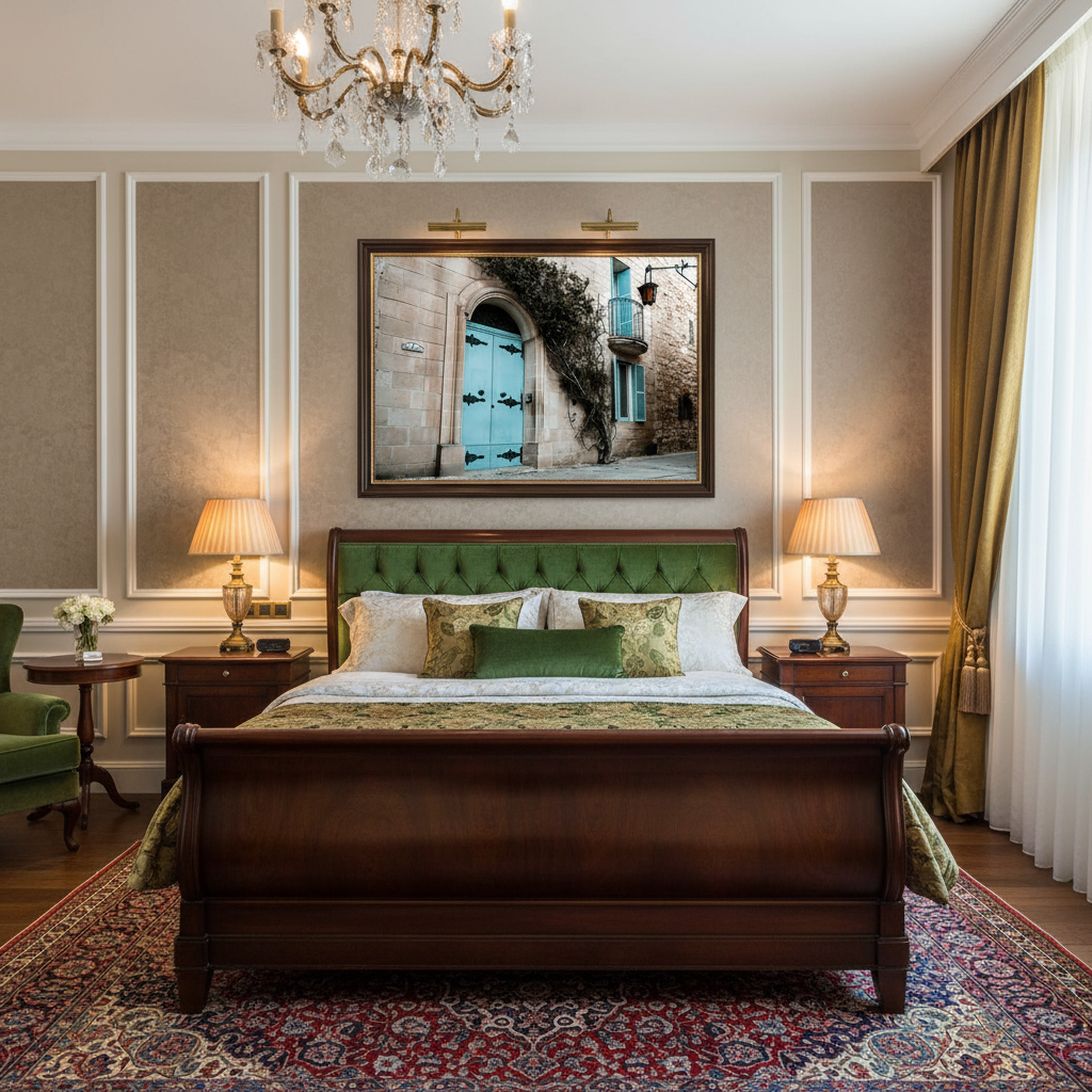 A serene lifestyle shot capturing the essence of a room adorned with a captivating blue door on the left, an antique armchair, and an old wooden cabinet. The soft, natural light enhances the textures and creates an inviting atmosphere.