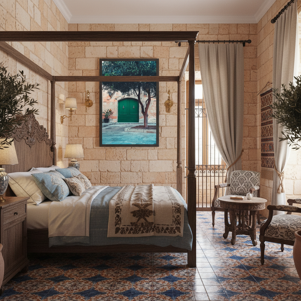 A serene courtyard in Mdina, Malta, featuring historic architecture, a lush potted plant, and warm, inviting lighting, suggesting a peaceful lifestyle.