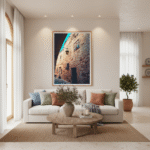 A lifestyle image of "Mdina Stone Walls" wallpaper in a living room behind a sofa with a neutral color palette, natural light, and a potted plant.
