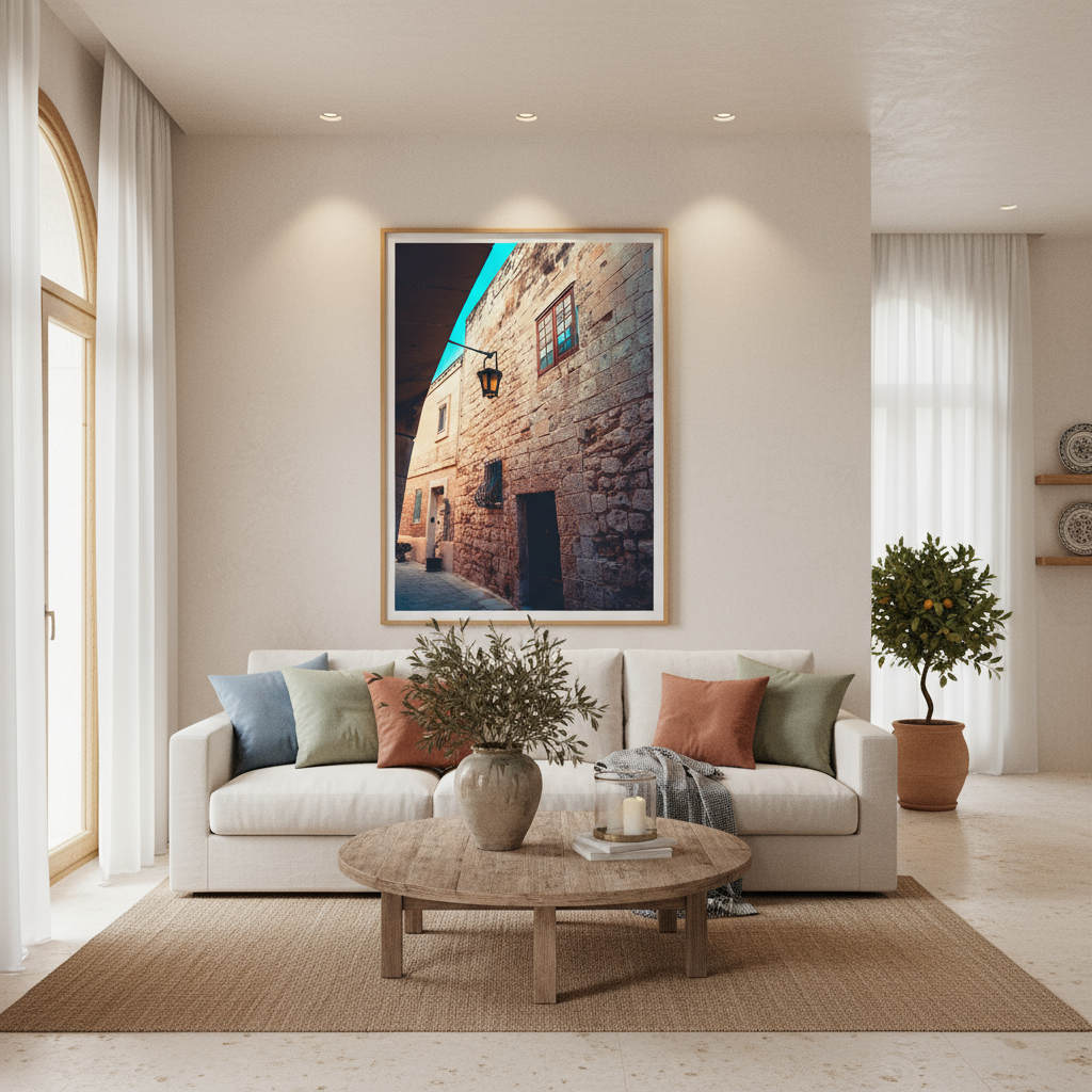A lifestyle image of "Mdina Stone Walls" wallpaper in a living room behind a sofa with a neutral color palette, natural light, and a potted plant.