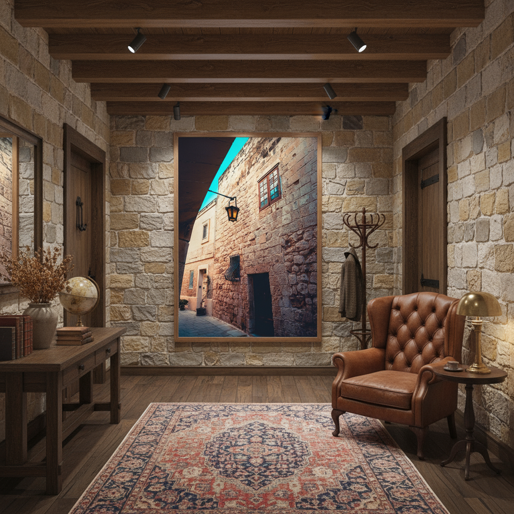 A chic, modern living room featuring a large, framed print of Mdina Stone Walls above a minimalist sofa, with a potted plant and natural light filtering in from a window.