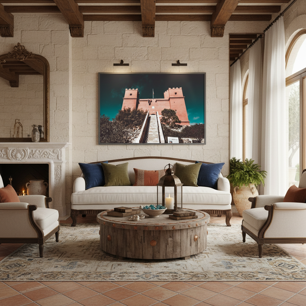 A person gazes at the historic St. Agatha Red Tower, beautifully contrasting with the serene blue skies and lush Mediterranean landscape of Mellieha, Malta, conveying a sense of exploration and historical appreciation.