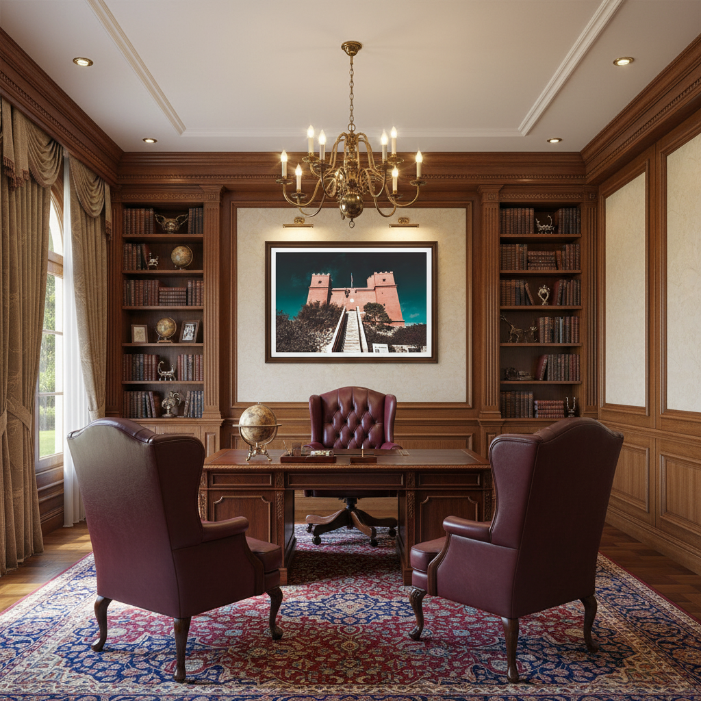 A person stands before the historic St. Agatha Red Tower, in Mellieha, Malta, holding up a framed print of the tower, showcasing the artwork in a real-world, home decor setting.