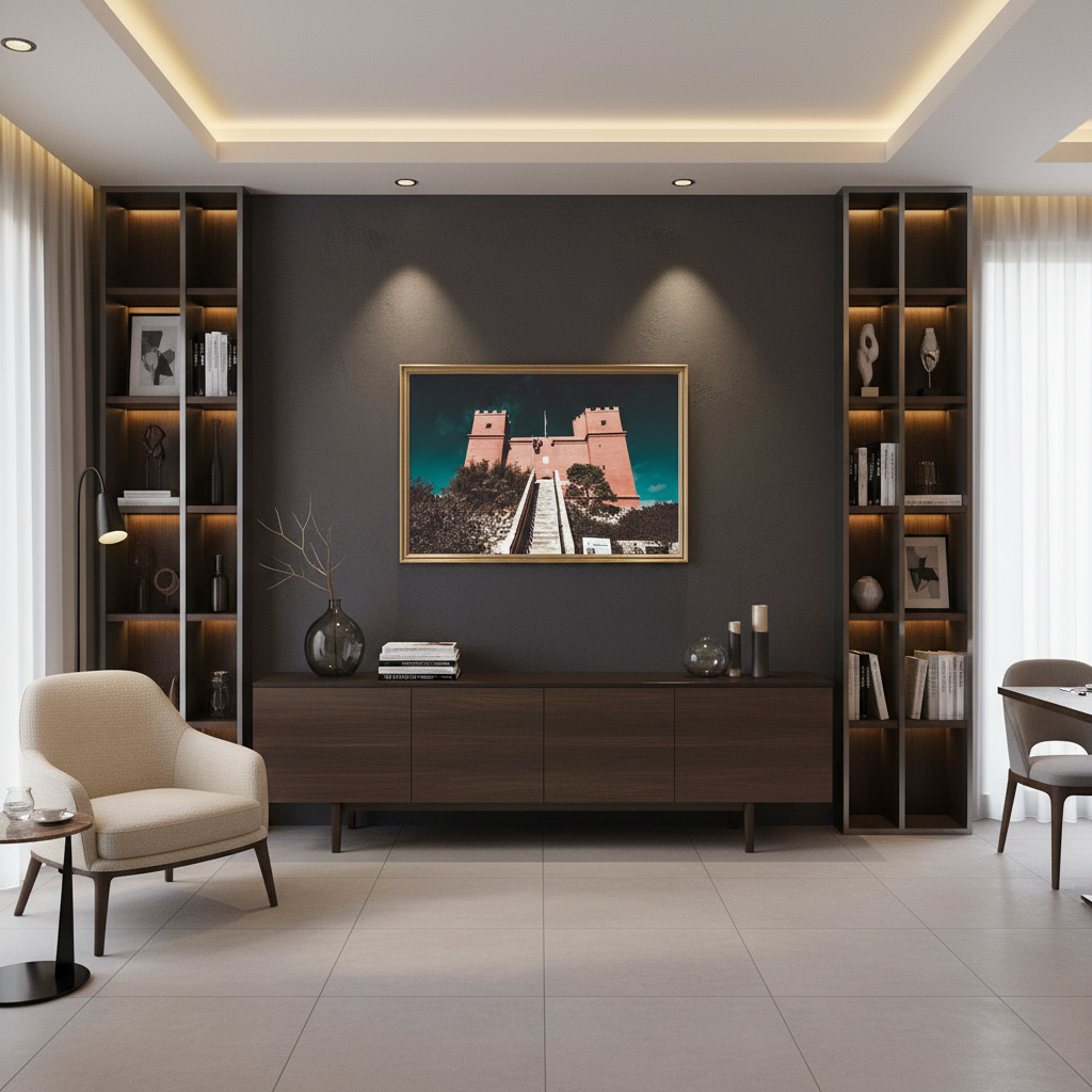 St. Agatha Red Tower print displayed in a modern living room with a neutral color palette, natural light, and a potted plant, creating a serene and stylish atmosphere.