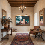 A "St. Agatha Red Tower Rise" mockup in a modern living room with a person reading on a sofa, and a large window showing a city skyline.