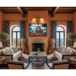 A "St. Agatha Red Tower Sentinel Above" art print is displayed on a gallery wall above a light-colored sofa, with a few decorative pillows. A tall, leafy plant in a pot sits to the left of the sofa, and a floor lamp with a linen shade stands in the corner. The room has a minimalist and modern aesthetic with natural light coming in from a window on the right.