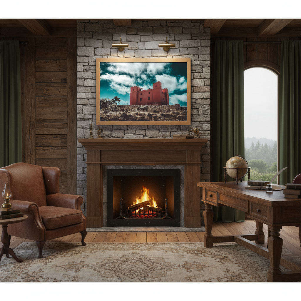 A St. Agatha Red Tower Sentinel sculpture stands prominently on a modern, minimalist living room shelf, surrounded by green plants and natural light, creating a serene and sophisticated atmosphere.