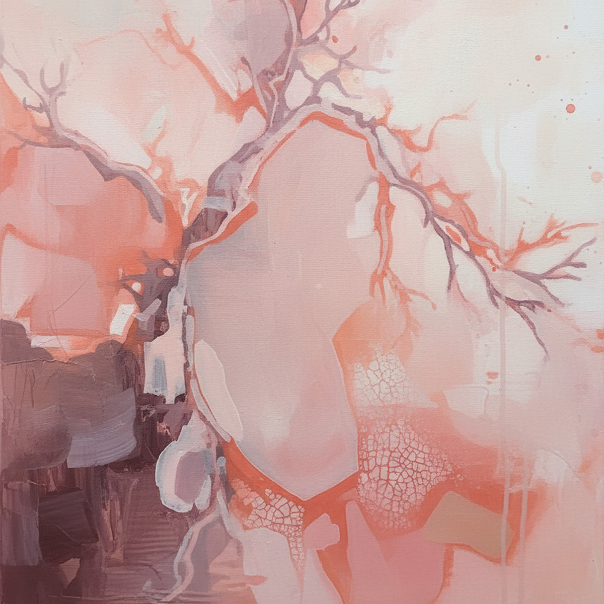 Abstract painting with peach and blush tones, featuring delicate branching lines and soft gradients.