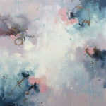 Expressive abstract painting of layered pink, blush, and white forms with radiating branch-like lines.