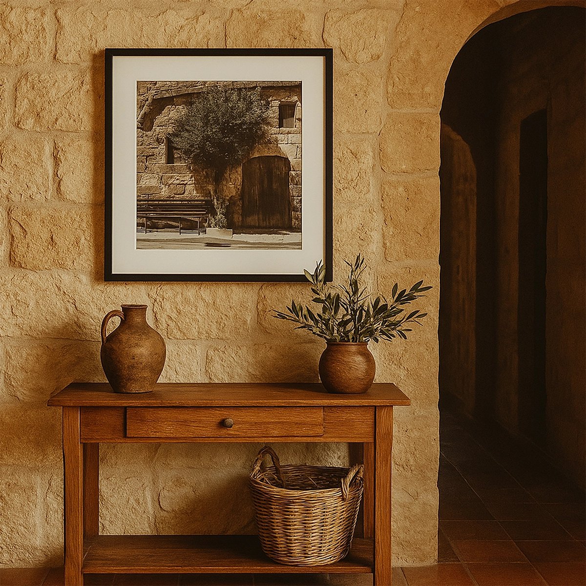 Framed photo of old stone house and wooden door above console with pottery and plant