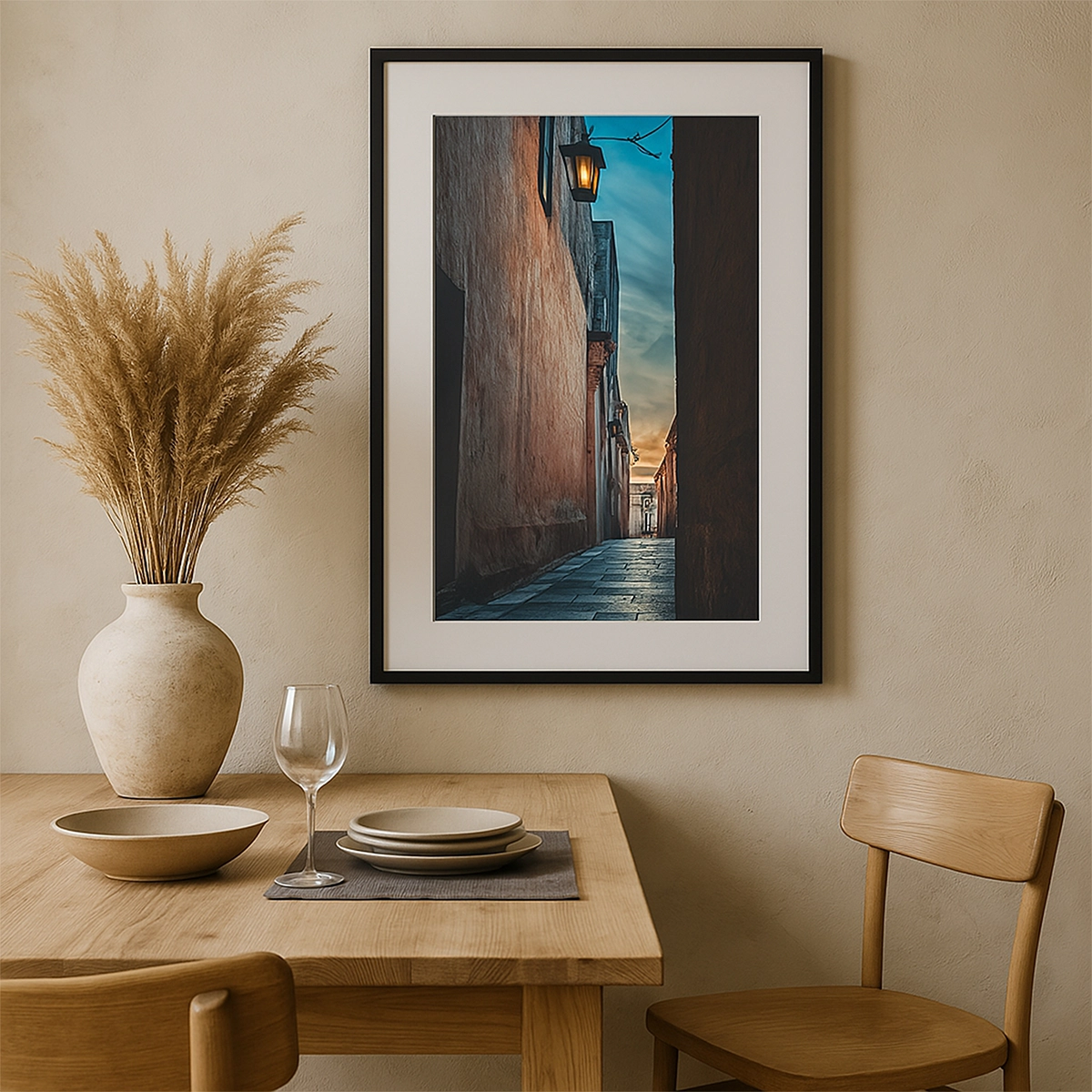 Framed Mdina alley at sunset with lantern above wooden dining table